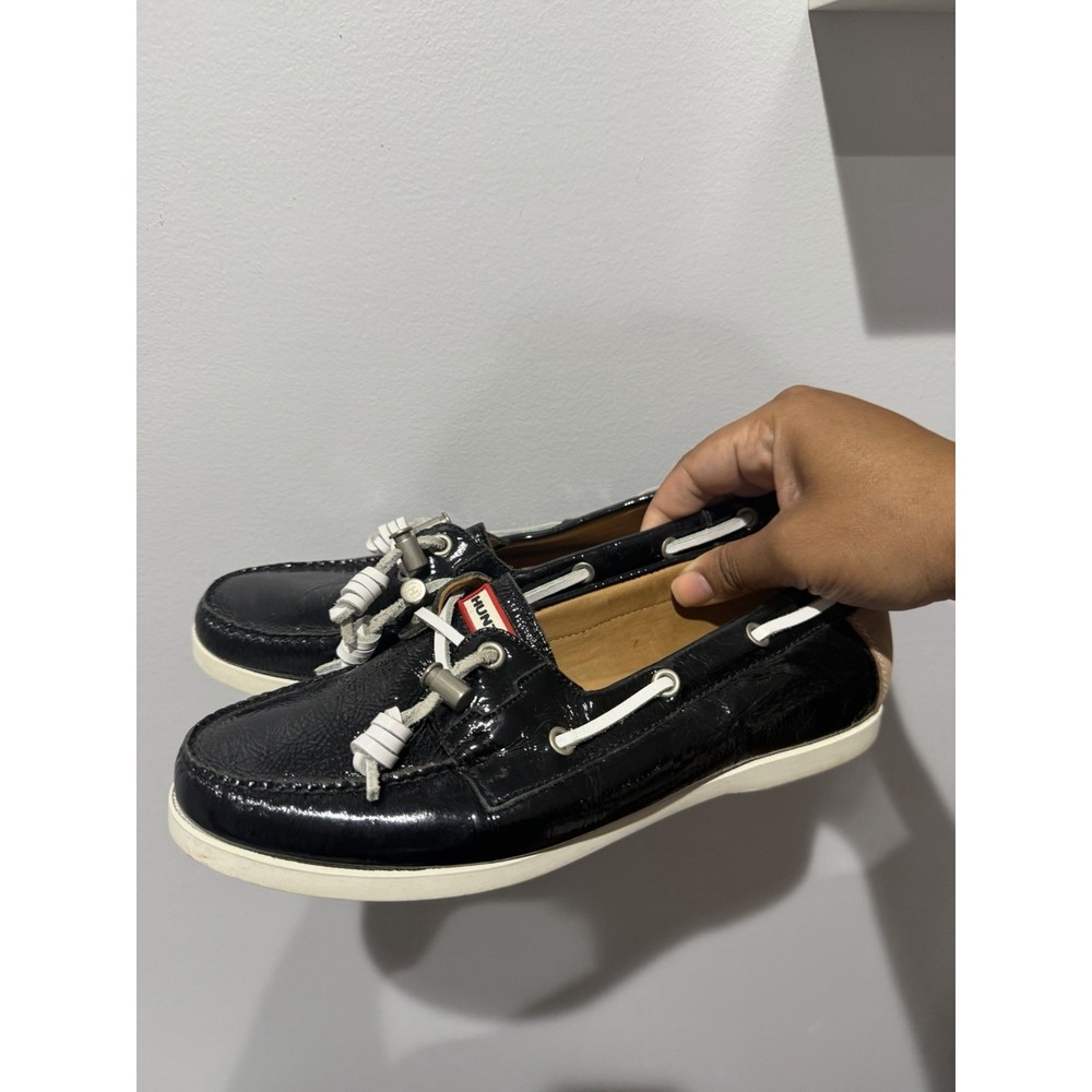 Hunter Willemberg Leather Boat Deck Shoes Flats Loafers White Black‎ 8.5  F